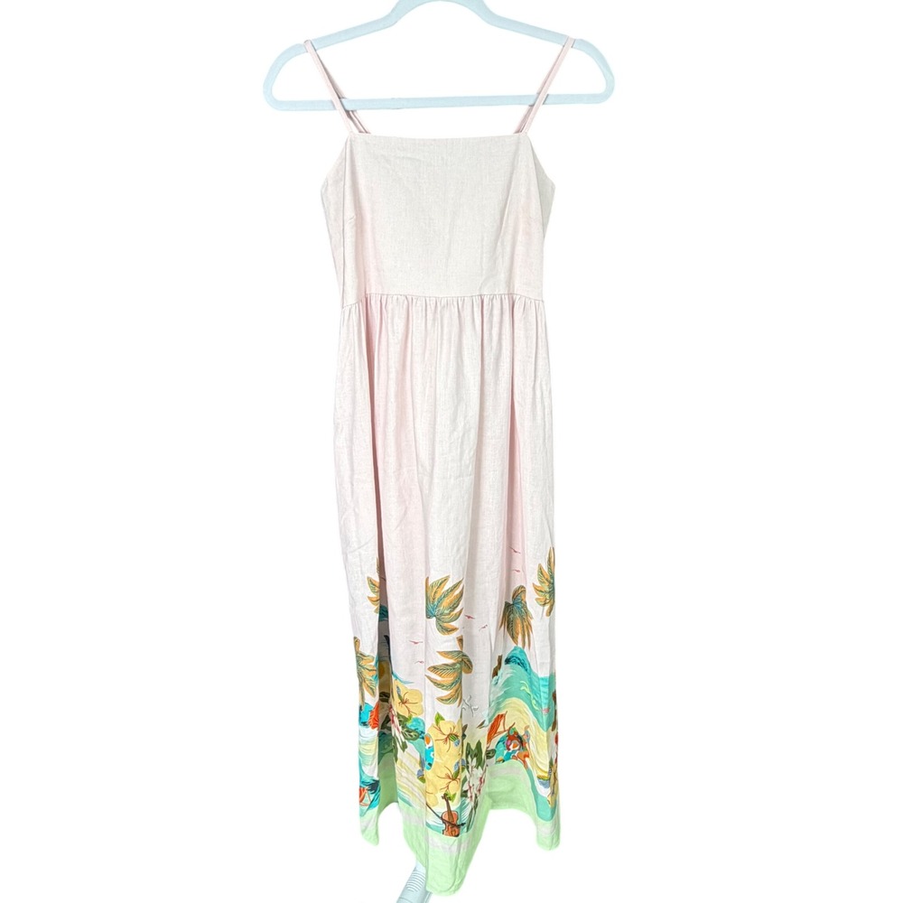 Le Ragazze Pink Linen Dress Spaghetti Strap Maxi Smock Back‎ Tropical Italy SZ M